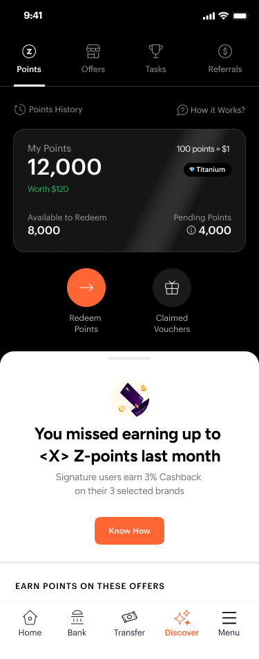 Rewards nudge showing missed cashback