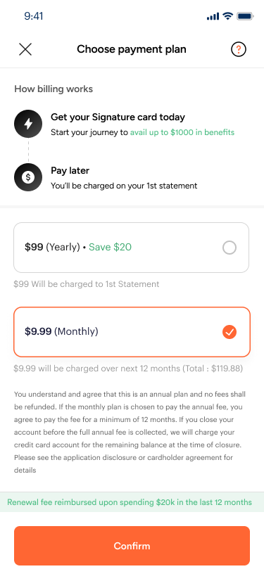 Choose payment plan screen