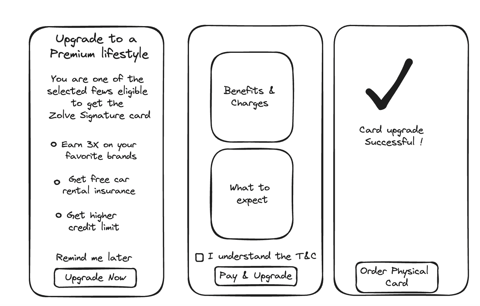 Low-fidelity wireframes mapping the upgrade journey